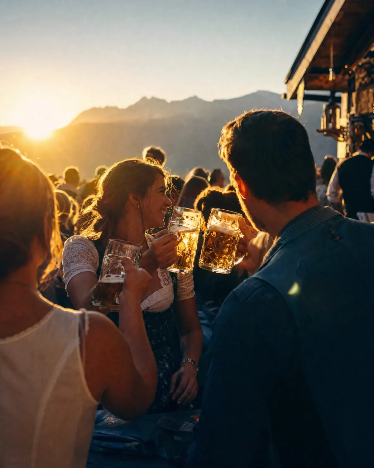 Freunde stoßen bei Sonnenuntergang mit Maßkrügen an, Berge im Hintergrund