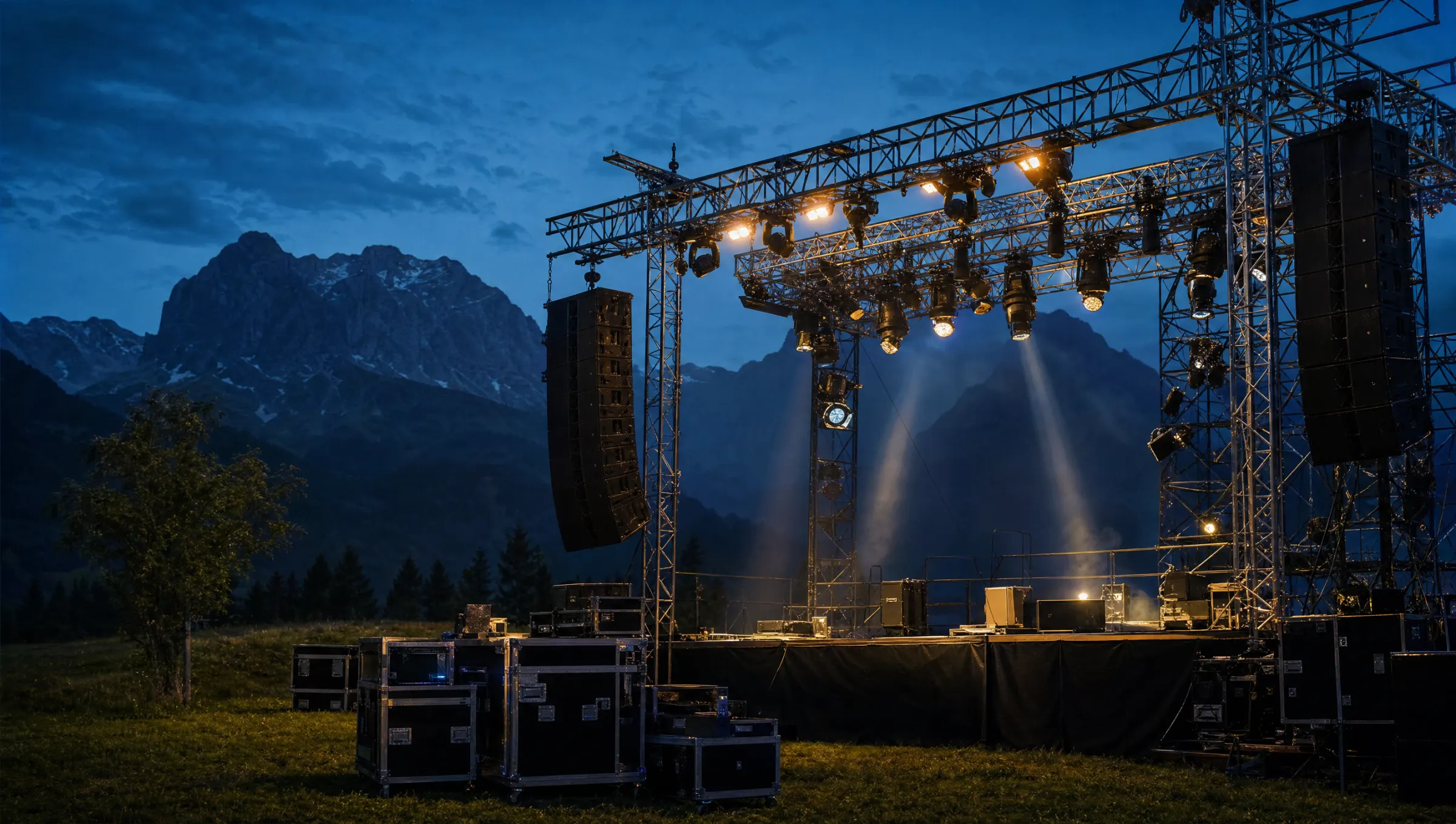 Open-Air-Bühne mit Line-Array und Moving Heads vor Bergkulisse zur blauen Stunde